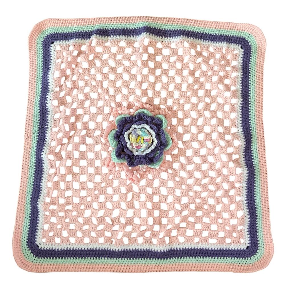 Handmade Crochet Baby Blanket Pink Pastel Flower Granny Square 29x29
